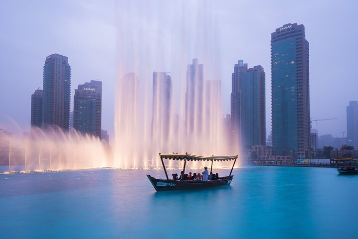 Experience the magic of the Dubai Fountain Show while gliding across Burj Lake. Revel in stunning views of water artistry against a backdrop of iconic skyscrapers.